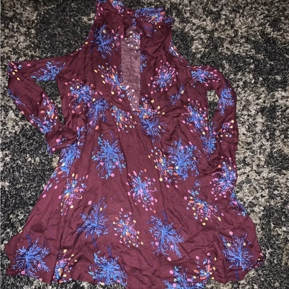 Free People Cold Shoulder Blouse Burgandy Floral Draped Fit Long Sleeve Sz Small